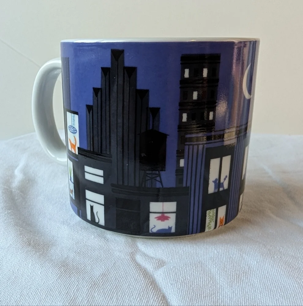 West Elm Sam Kalda ASCPA Pets In Windows City Night Skyline Mug Cup